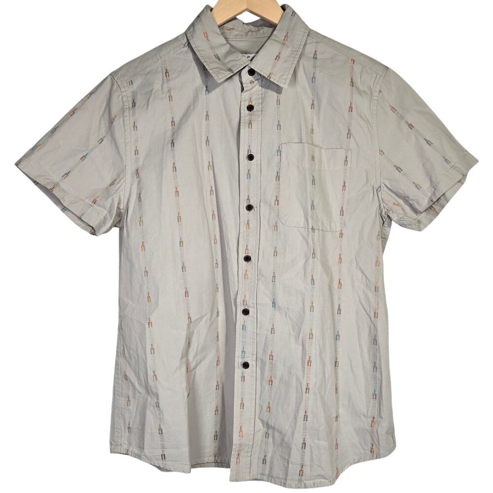 Katin Mens Small Short Sleeve Button Up‎ Shirt Tan Stripe Print Casual